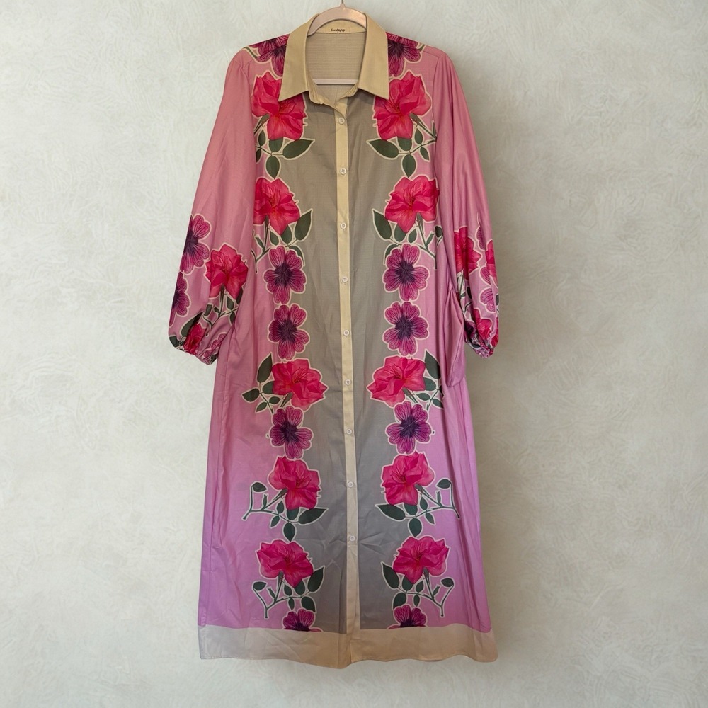 SundayUp Floral Print Linen Blend Maxi‎ Dress Shirt Dress Women's Size S